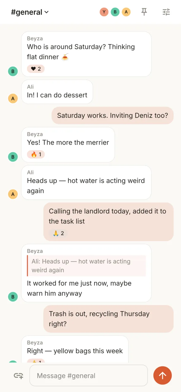 Chat: rooms, replies and reactions