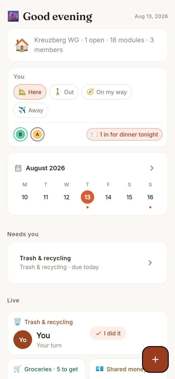 The Claps home board: who's in, the week, and every module as a live widget