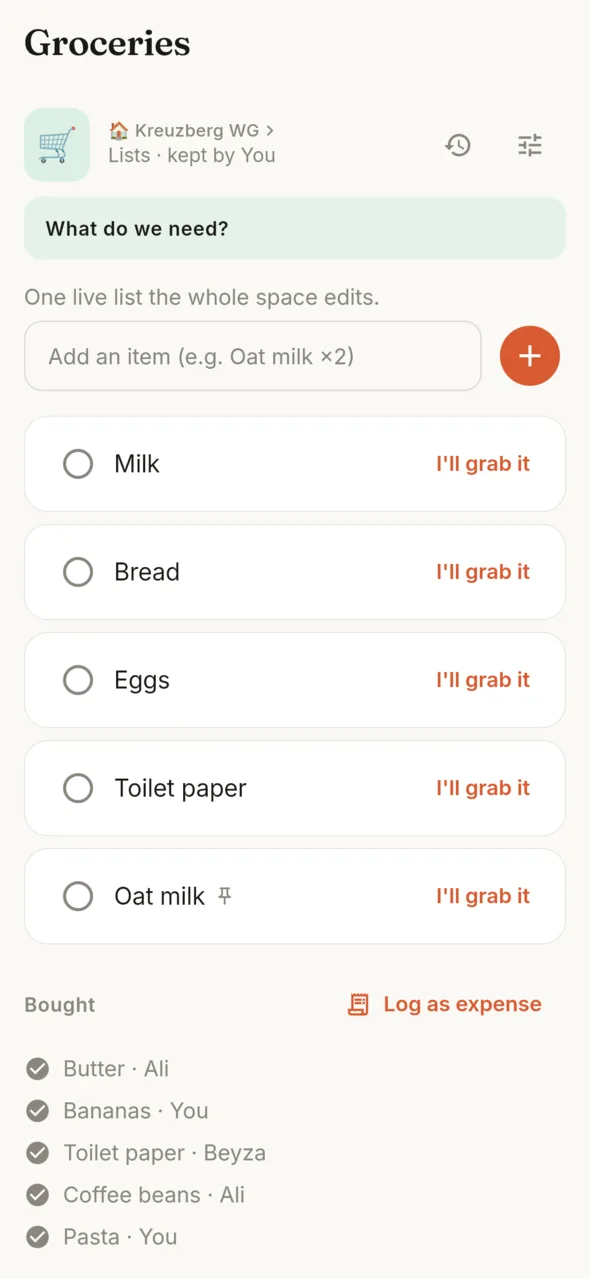 Groceries: one live shopping list with claimed items
